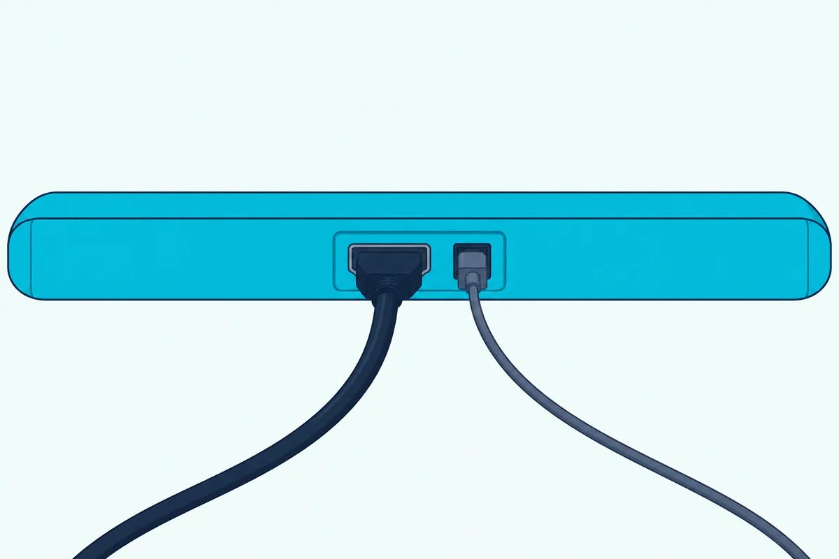Back panel of a soundbar with an HDMI eARC socket and an optical socket, one HDMI cable and one optical cable plugged in