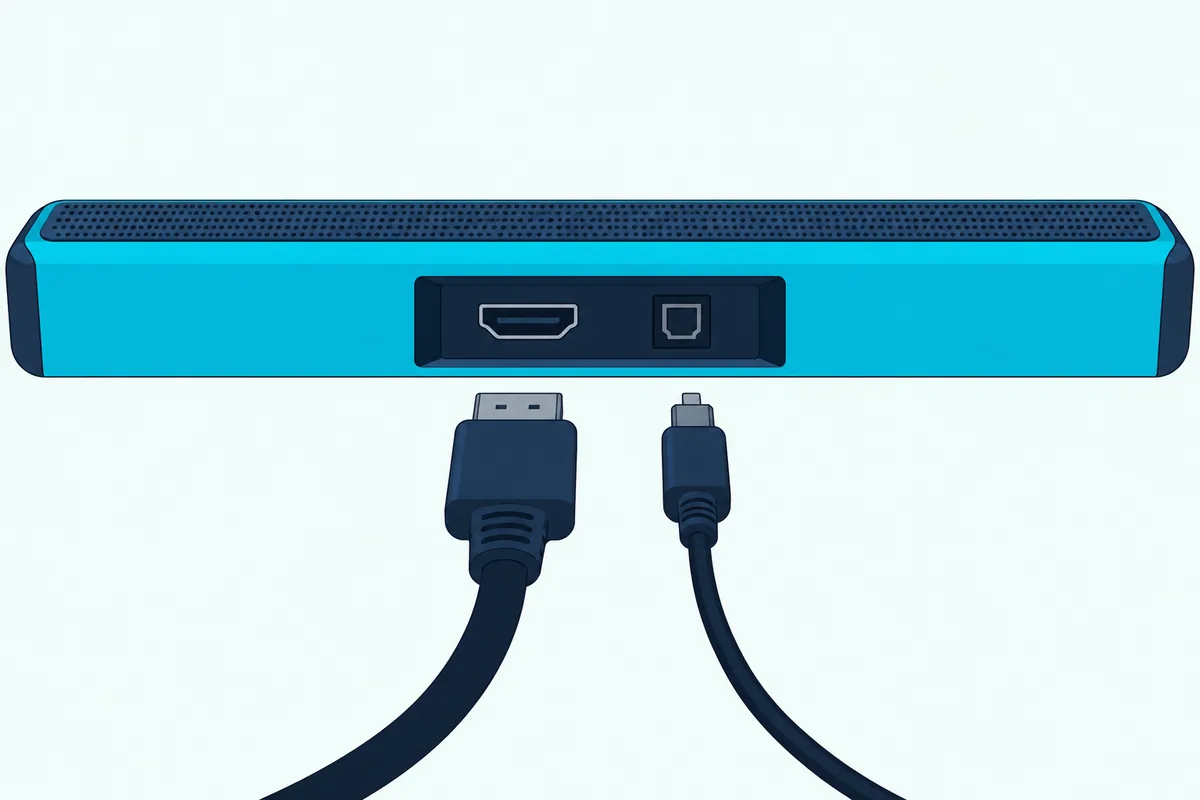 Back of a slim soundbar with a wide flat port and a small square port, and a matching cable plug below each