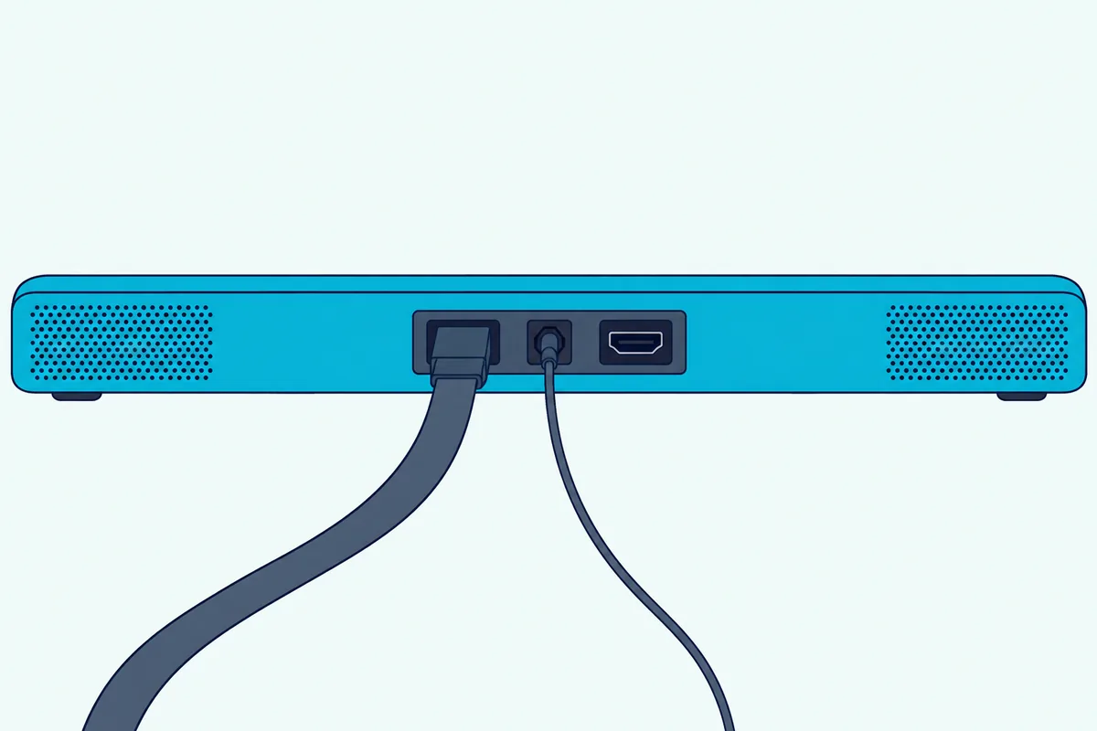 A soundbar back panel with cables plugged into two of its three ports