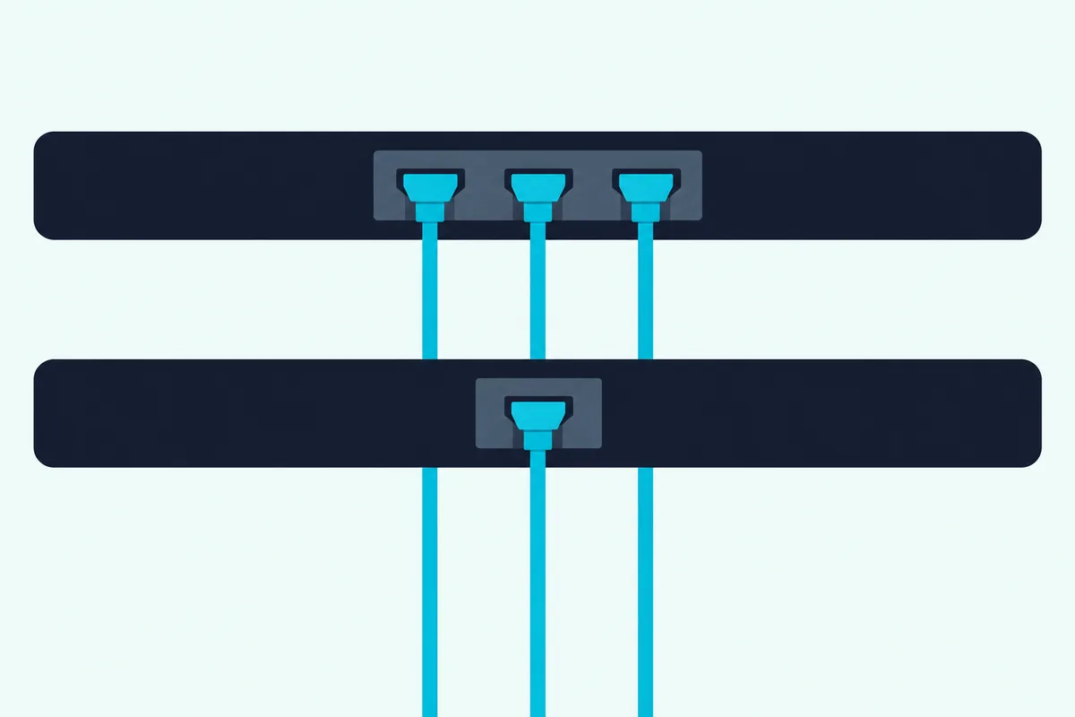 Back panels of two soundbars, one with three ports and one with a single port, each with a plain cable