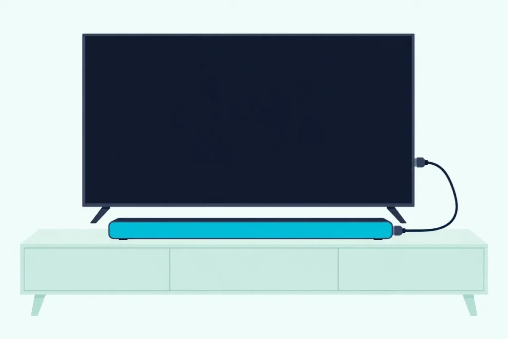 Slim soundbar in front of a flat TV on a low console, joined to the TV by one HDMI cable