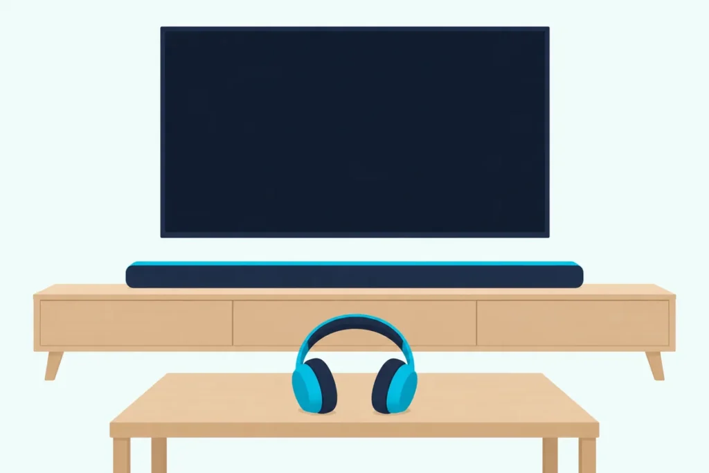 Soundbar on a low stand below a blank wall TV, with plain over-ear headphones resting on a table in front