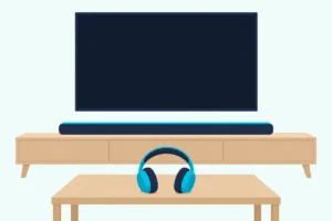 Soundbar on a low stand below a blank wall TV, with plain over-ear headphones resting on a table in front