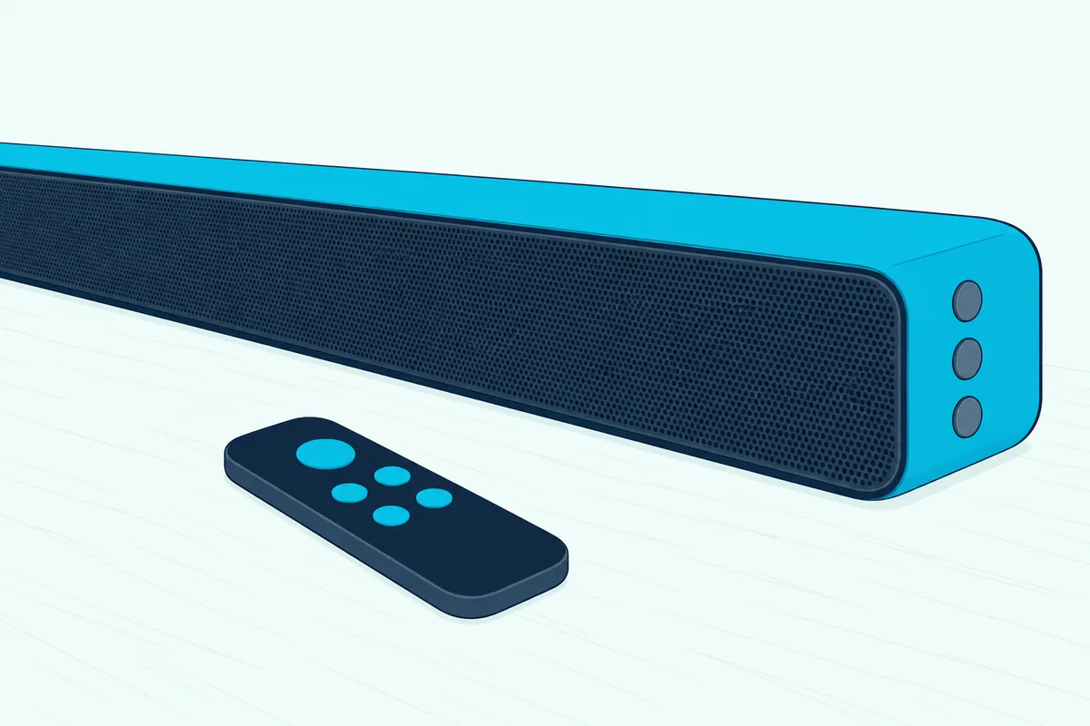 Close-up of the right end of a soundbar showing small blank side buttons with a plain remote control lying in front of it