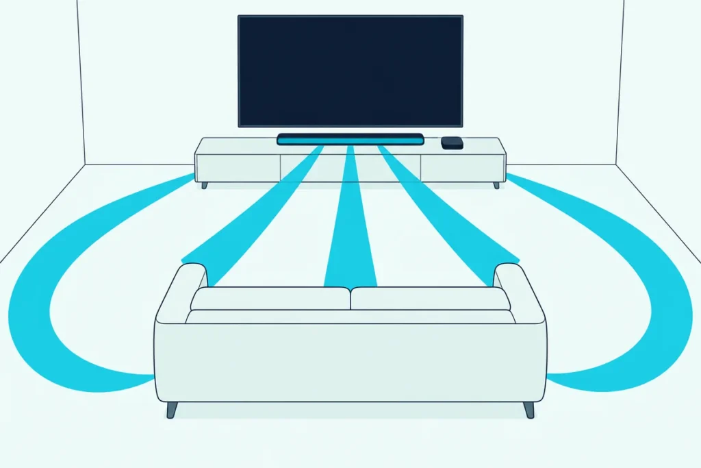 Soundbar on a low living-room console fanning five sound bands across the room under a blank wall TV