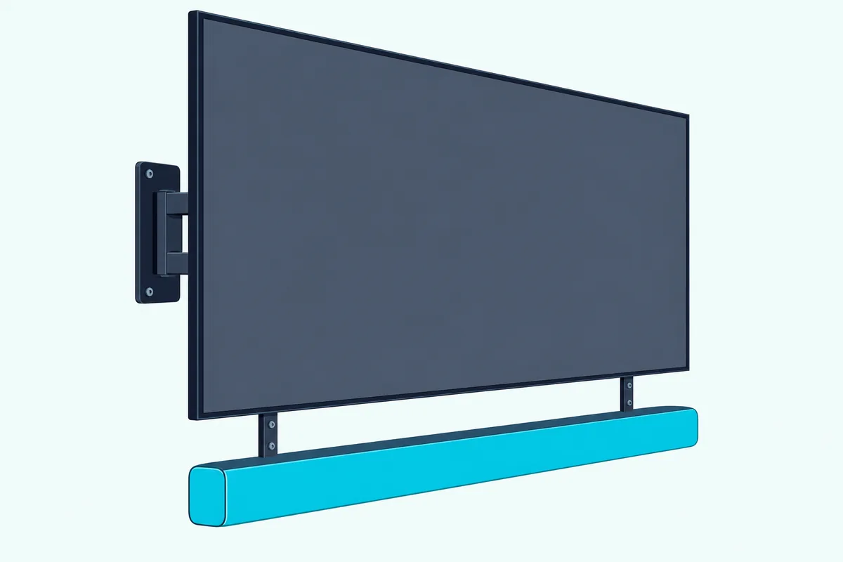 Wall-mounted flat TV with a soundbar hung below it on two arms bolted behind the screen