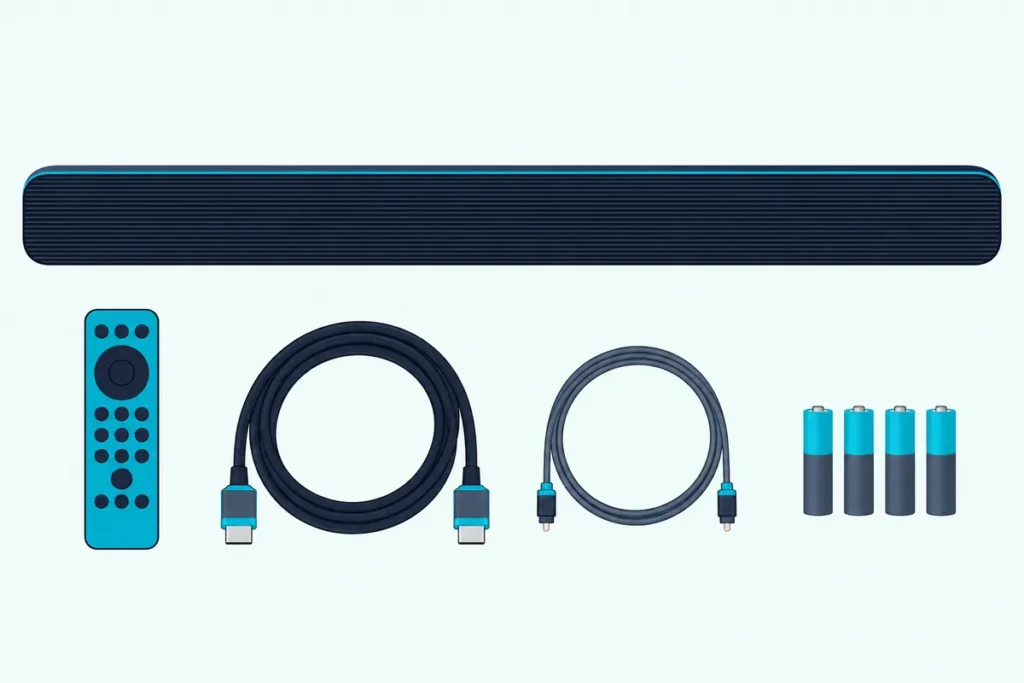 Long dark soundbar on a pale rug above a long remote, a coiled HDMI cable, a coiled optical cable and four batteries