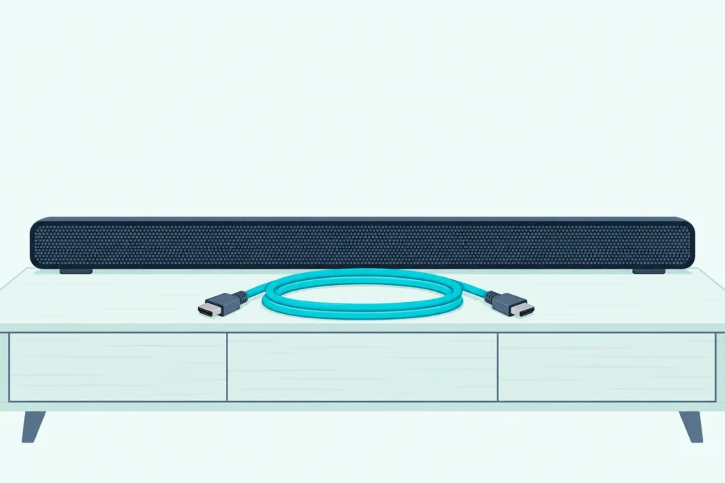 Slim soundbar on a low console with one coiled teal HDMI cable lying in front of it