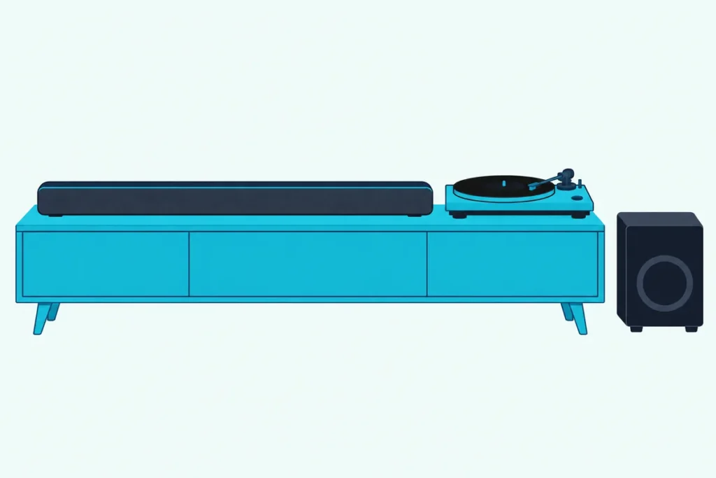 A soundbar on a low wooden console beside a record player, with a subwoofer on the floor