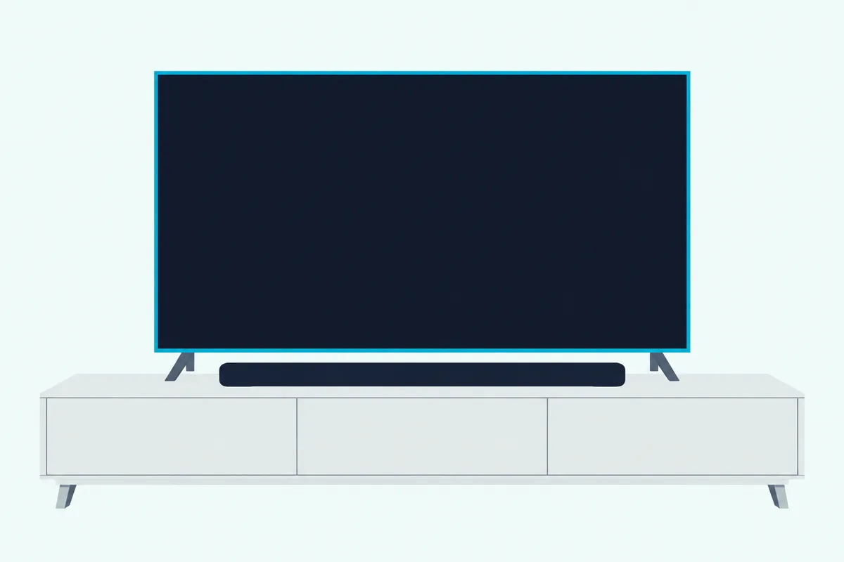 A slim soundbar on a low console under a television with a blank screen, with no cable between the two