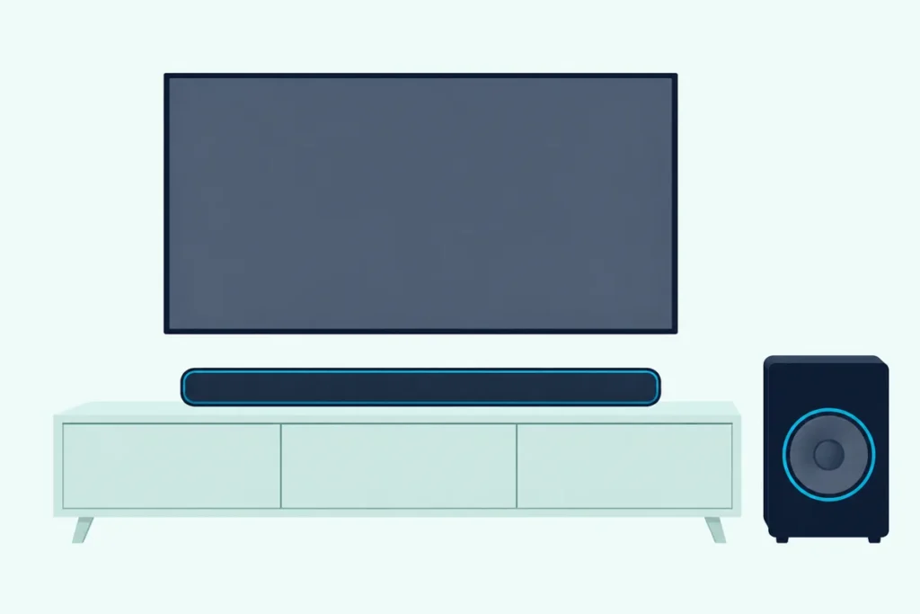 Soundbar on a low TV console under a blank TV, with a box-shaped wireless subwoofer on the floor beside it