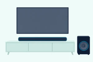 Soundbar on a low TV console under a blank TV, with a box-shaped wireless subwoofer on the floor beside it