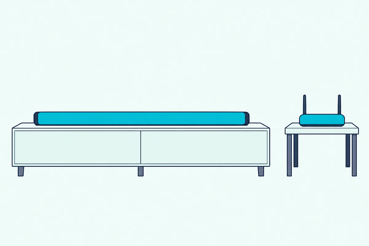 Soundbar on a cabinet with a home router a few feet away on a side table and an open path between them