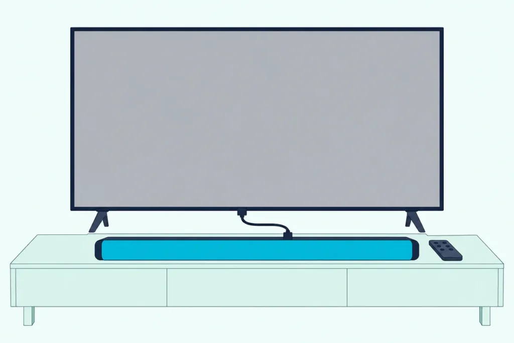 Long soundbar on a console under a TV with a blank screen, one cable running between them and a remote beside it