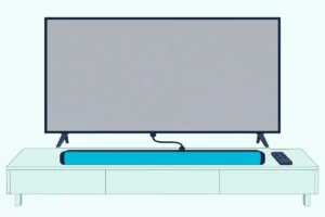 Long soundbar on a console under a TV with a blank screen, one cable running between them and a remote beside it
