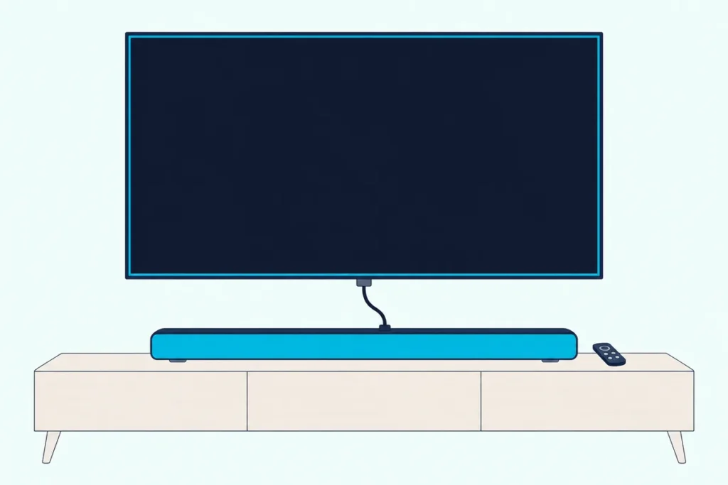 Soundbar on a low stand under a wall TV, joined to it by one HDMI cable, with a plain remote on the stand