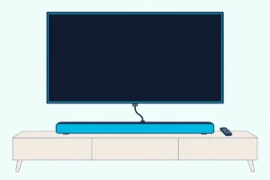 Soundbar on a low stand under a wall TV, joined to it by one HDMI cable, with a plain remote on the stand