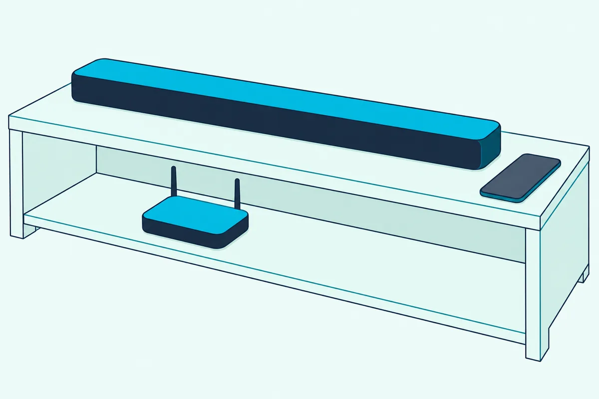 Soundbar on a low TV stand with a smartphone showing a blank screen lying beside it and a home router on the shelf below