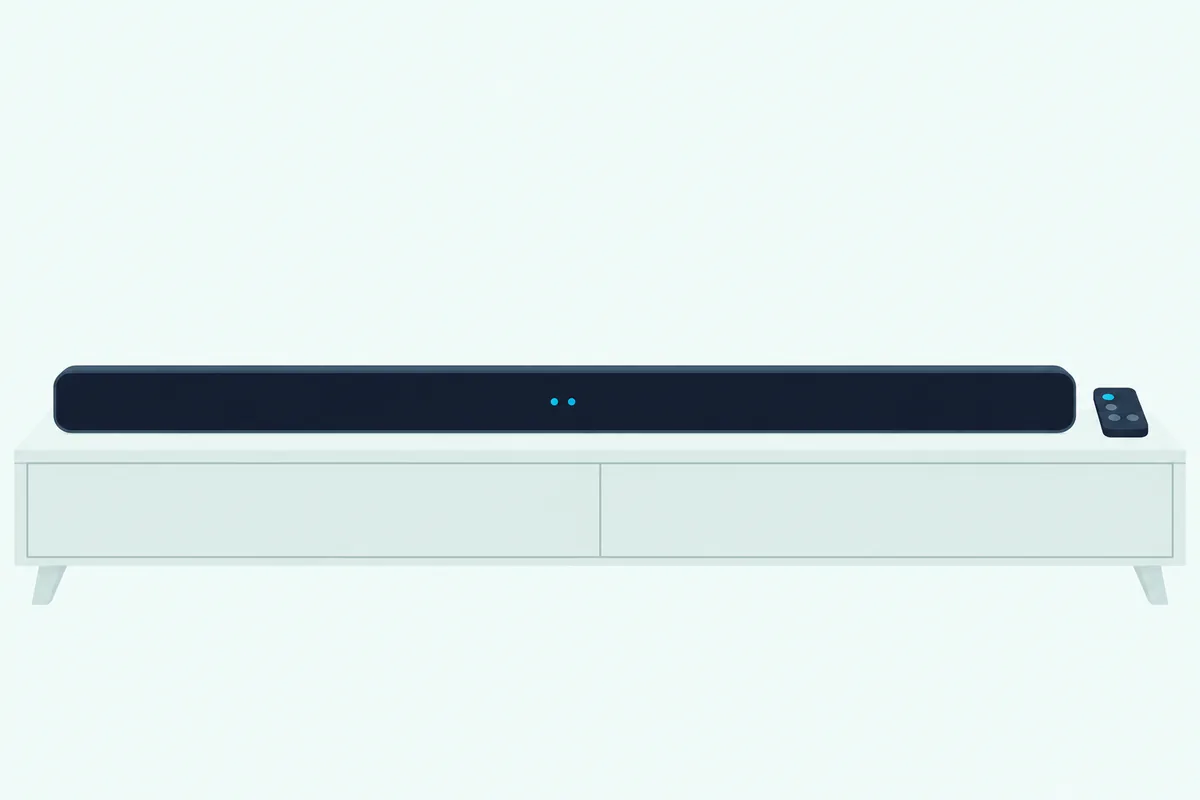 Soundbar on a low wooden TV stand with a small remote beside it and two status lights glowing on its front edge