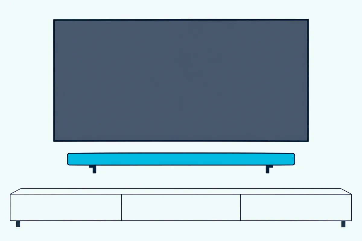 Flat TV on the wall with a soundbar on two wall shelves a clear hand-width gap below the screen