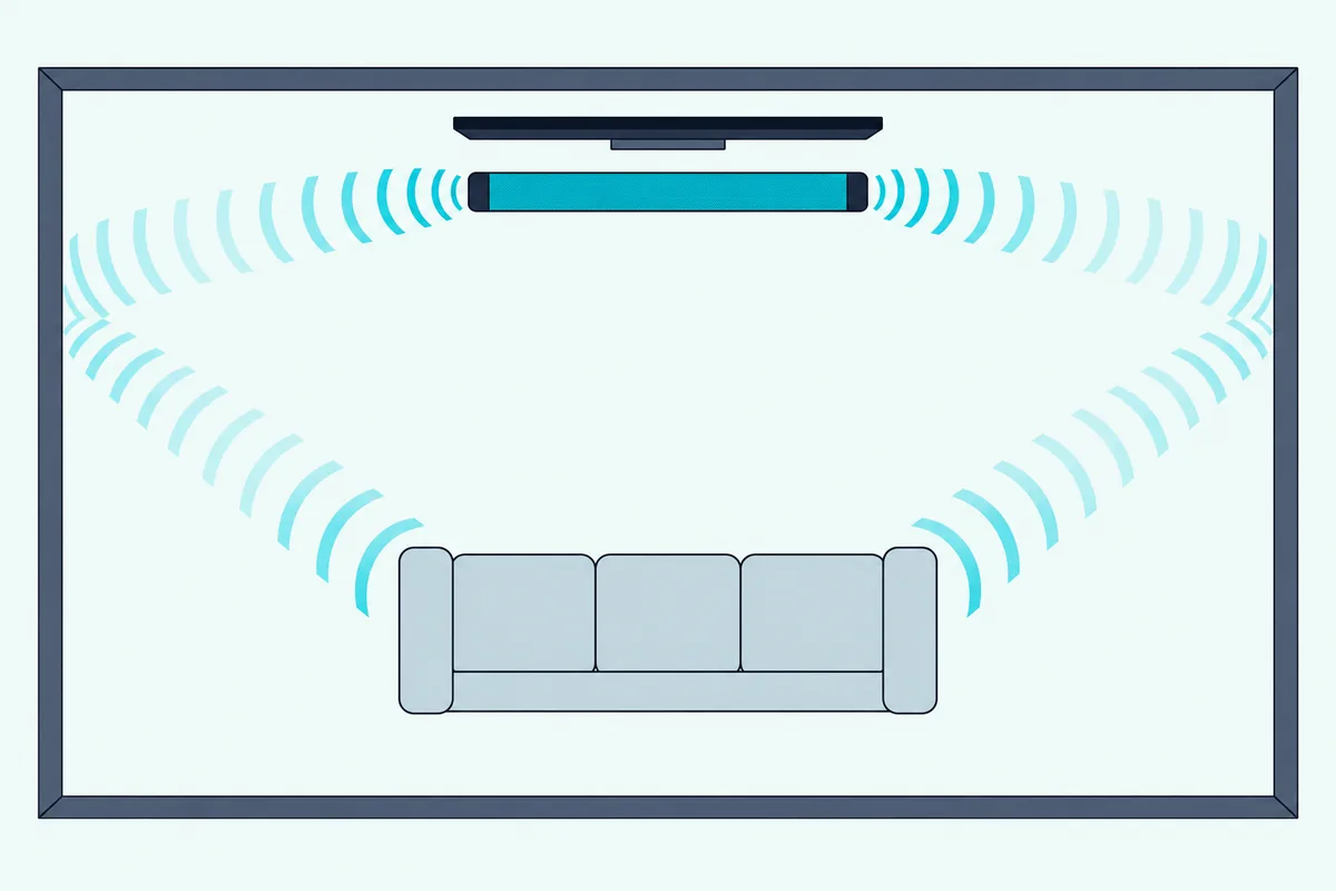 Soundbar sending curved sound arcs from both ends toward the side walls of a room and back toward a sofa