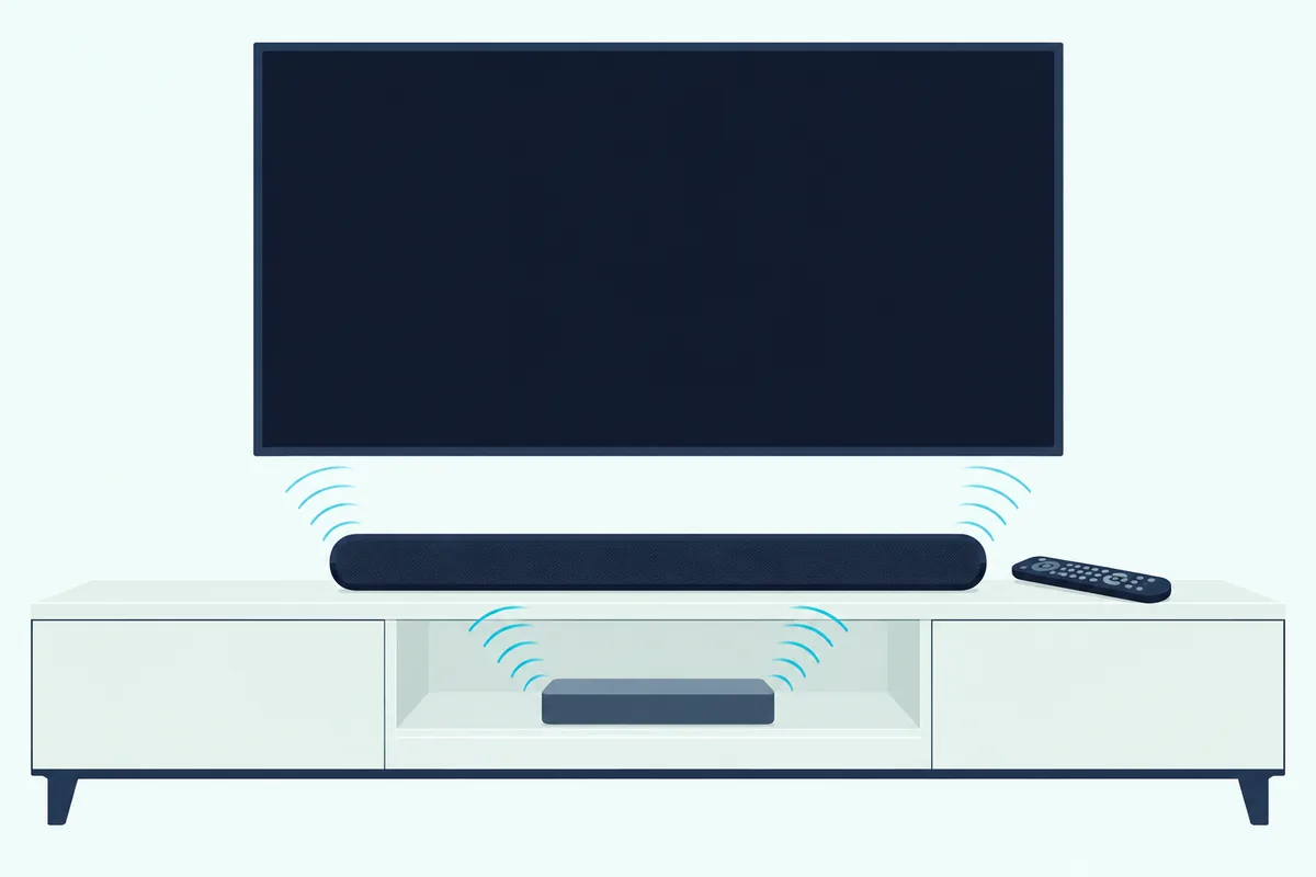 Long soundbar on a low cabinet sending faint infrared arcs from both ends toward a cable box on a shelf below a TV