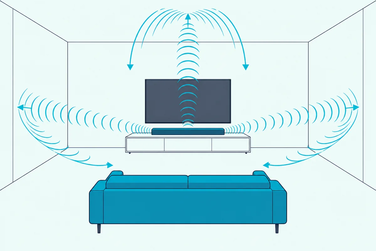 Soundbar under a blank TV sending sound arcs to both side walls and up to the ceiling toward a sofa