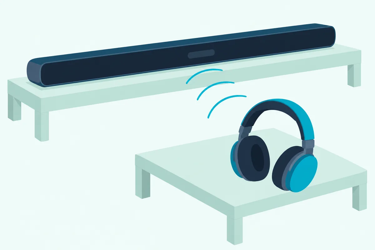 Soundbar on a low wooden stand with three thin wave arcs running to plain over-ear headphones resting on the table