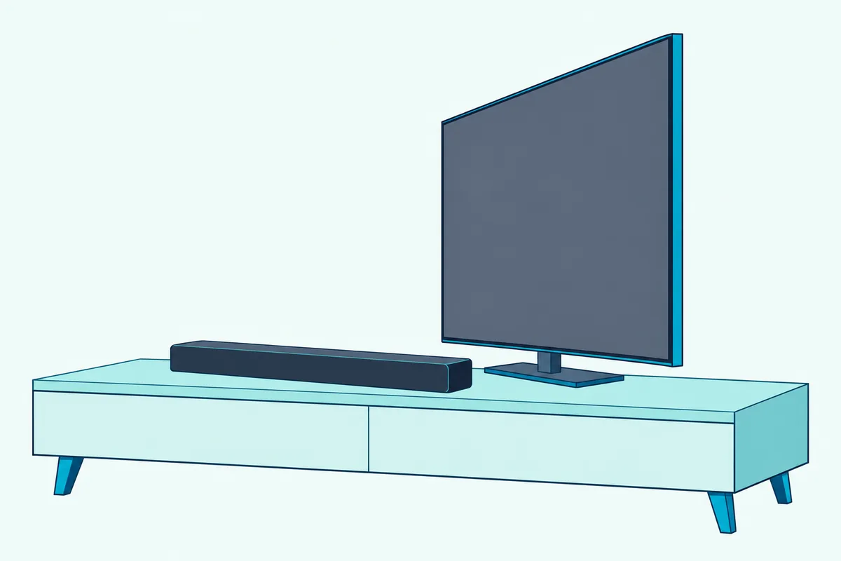 Soundbar set slightly forward on a TV stand, leaving a small gap in front of the TV's base
