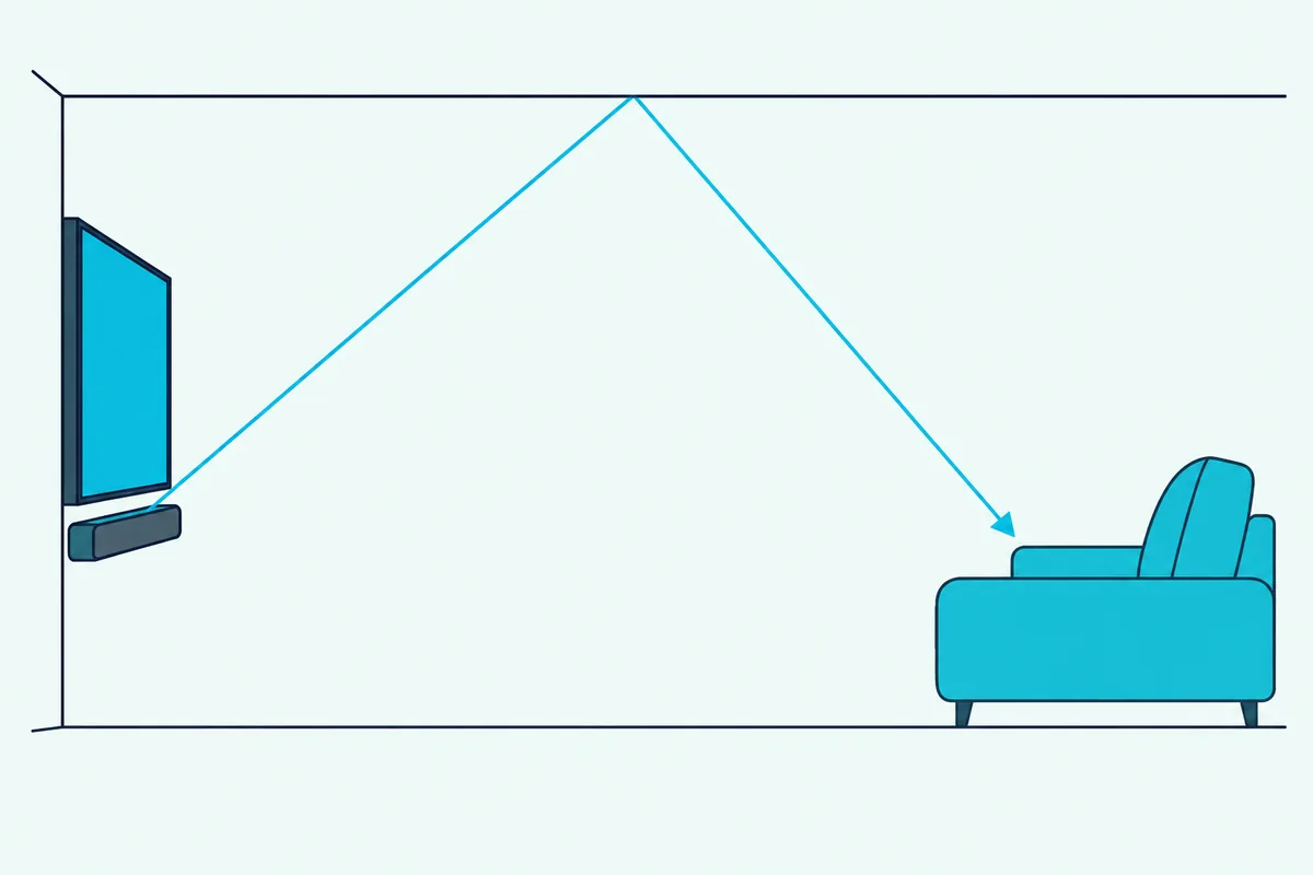 Sound from a soundbar bouncing off the ceiling down toward a sofa
