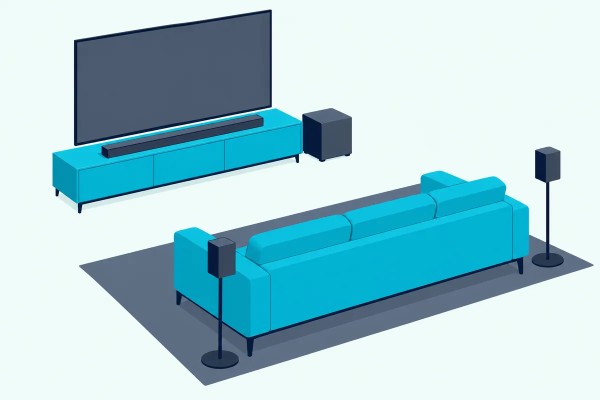 Soundbar under a large TV with a subwoofer beside the console and two rear speakers on stands behind a sofa