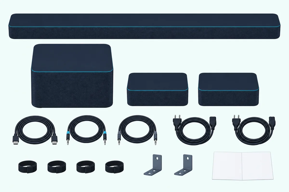 Soundbar, cube subwoofer, two small speakers and coiled cables laid out flat on a light floor