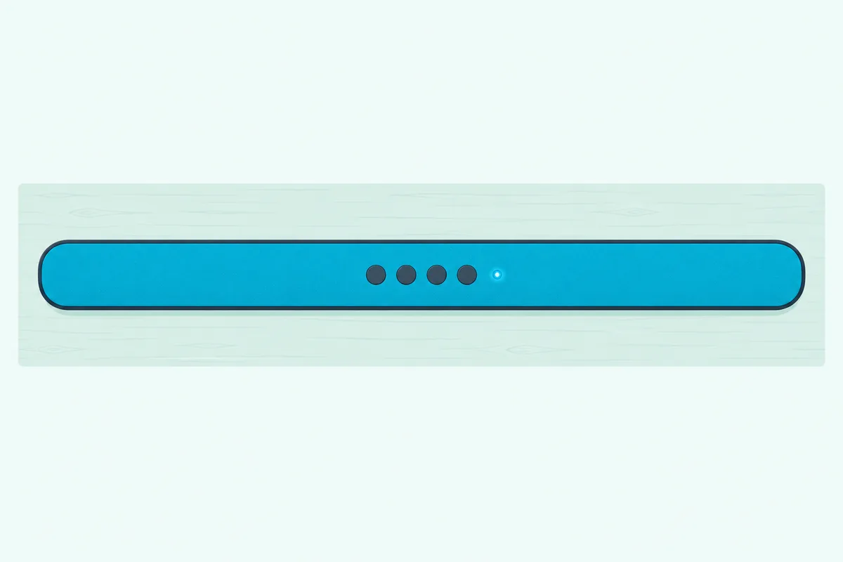 Top-down view of a slim soundbar's top panel with four round buttons and one small glowing blue light