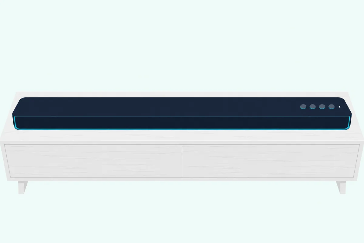 Short row of small round buttons on top of a soundbar near one end, beside a tiny status light