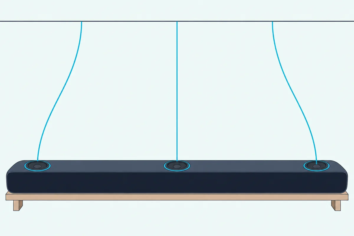 Top of a soundbar with three up-angled speaker cones, left, center and right, sending sound lines to the ceiling