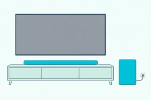 Soundbar on a wooden console under a TV with a blank screen and a box subwoofer on the floor nearby