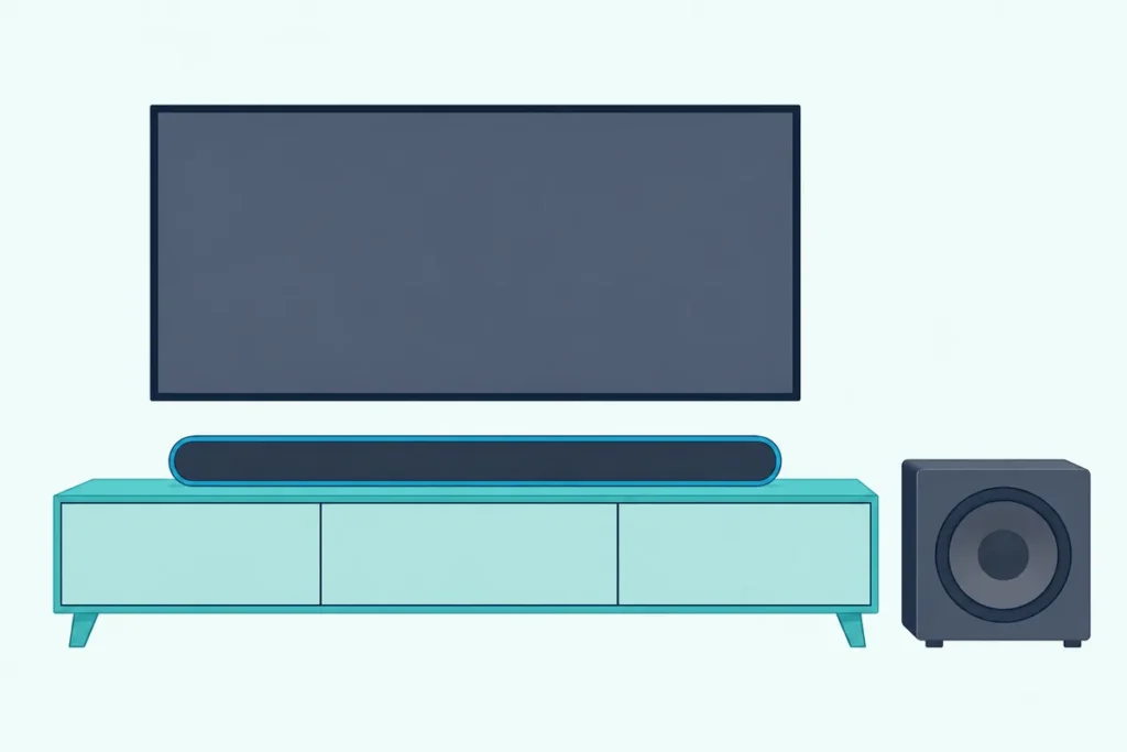 Long soundbar on a low console under a wall TV with a blank screen, and a cube subwoofer on the floor beside it