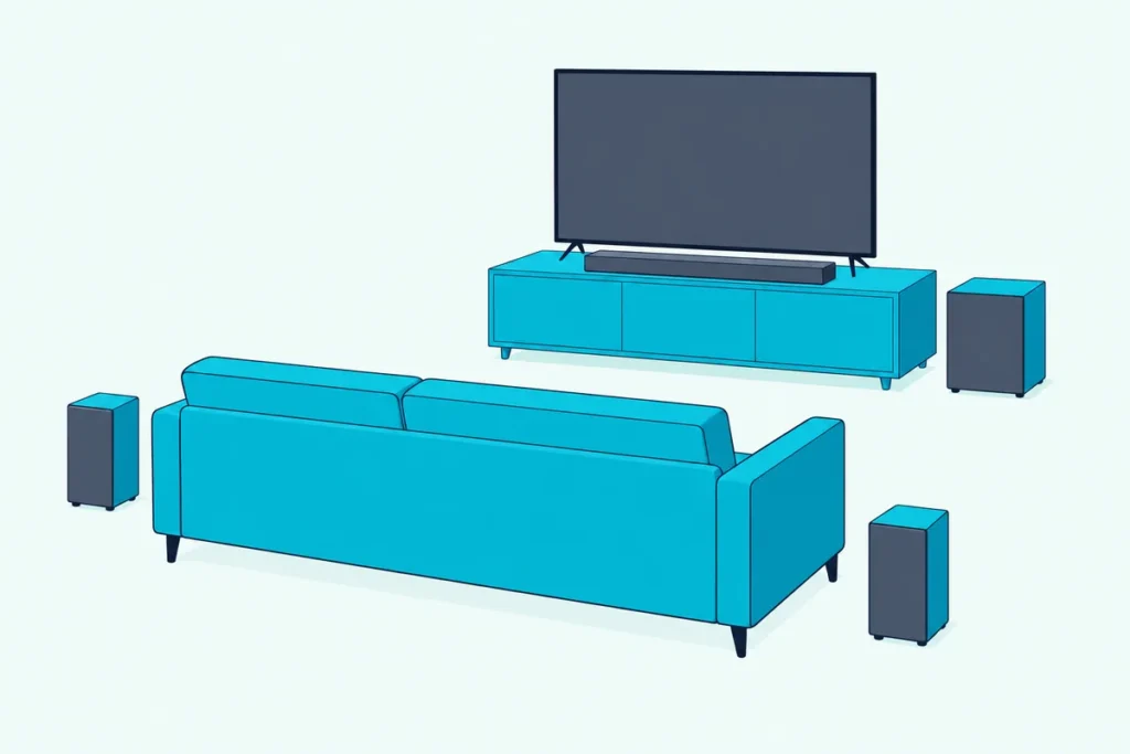 Soundbar under a blank TV with a subwoofer beside it and two small rear speakers standing by the ends of a sofa
