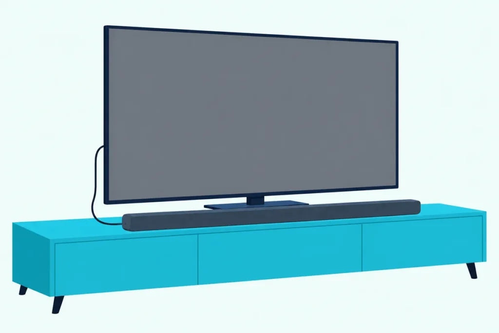Soundbar on a TV console with one HDMI cable running up to the back of a TV with a blank screen