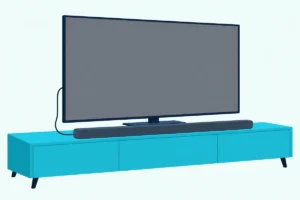 Soundbar on a TV console with one HDMI cable running up to the back of a TV with a blank screen