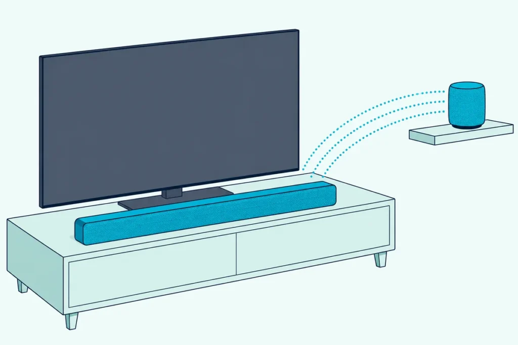 Soundbar under a blank TV with curved wireless lines to a small speaker on a nearby shelf