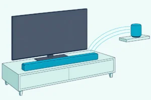 Soundbar under a blank TV with curved wireless lines to a small speaker on a nearby shelf