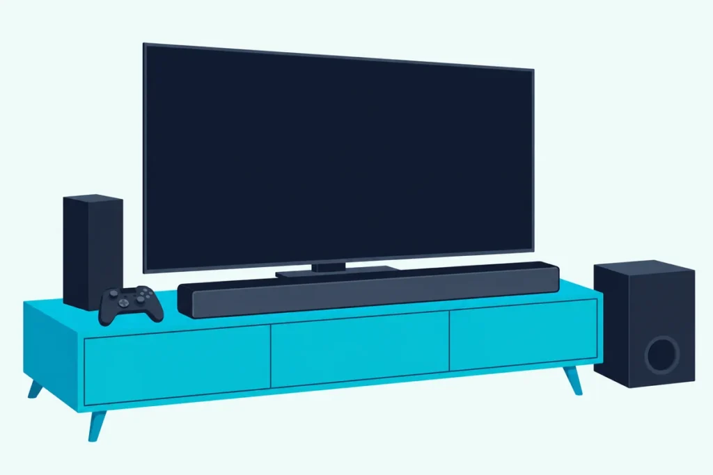 A soundbar under a TV beside an upright game console and a game controller, with a subwoofer on the floor