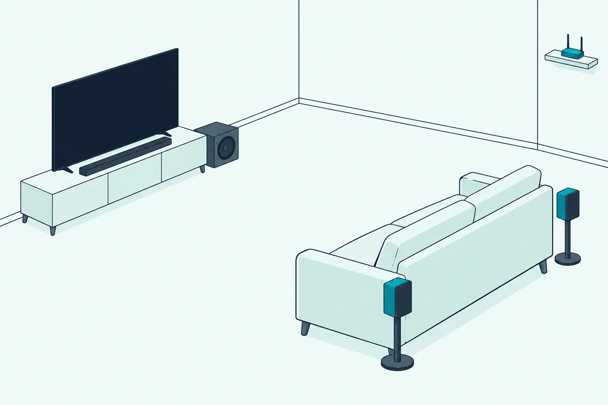 Soundbar under a TV with a subwoofer beside the cabinet and two rear speakers behind a sofa, a router far off on a shelf