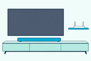 Soundbar on a console under a TV with a blank screen, and a Wi-Fi router with two antennas on a shelf beside it