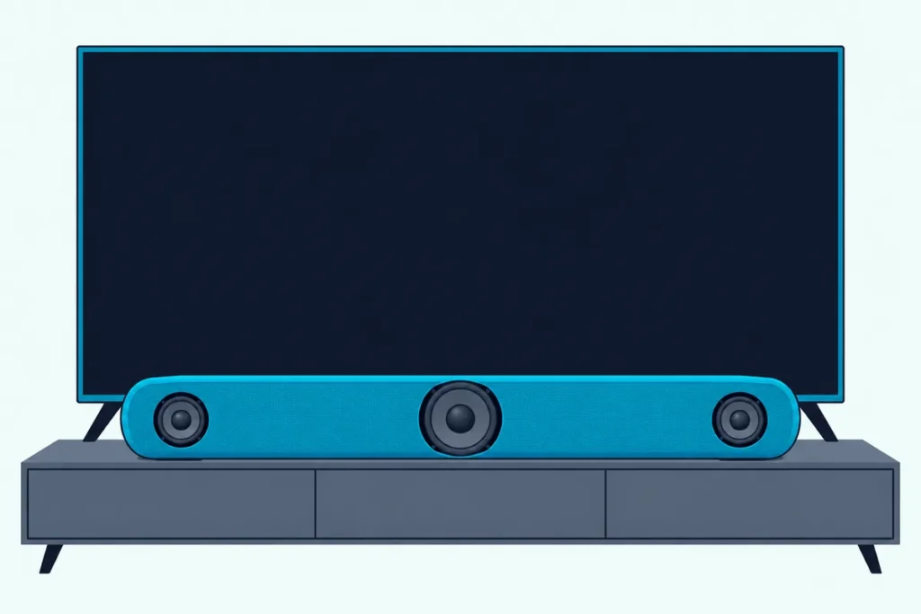 A soundbar under a TV with its grille cut away to show a larger center speaker between two smaller side drivers
