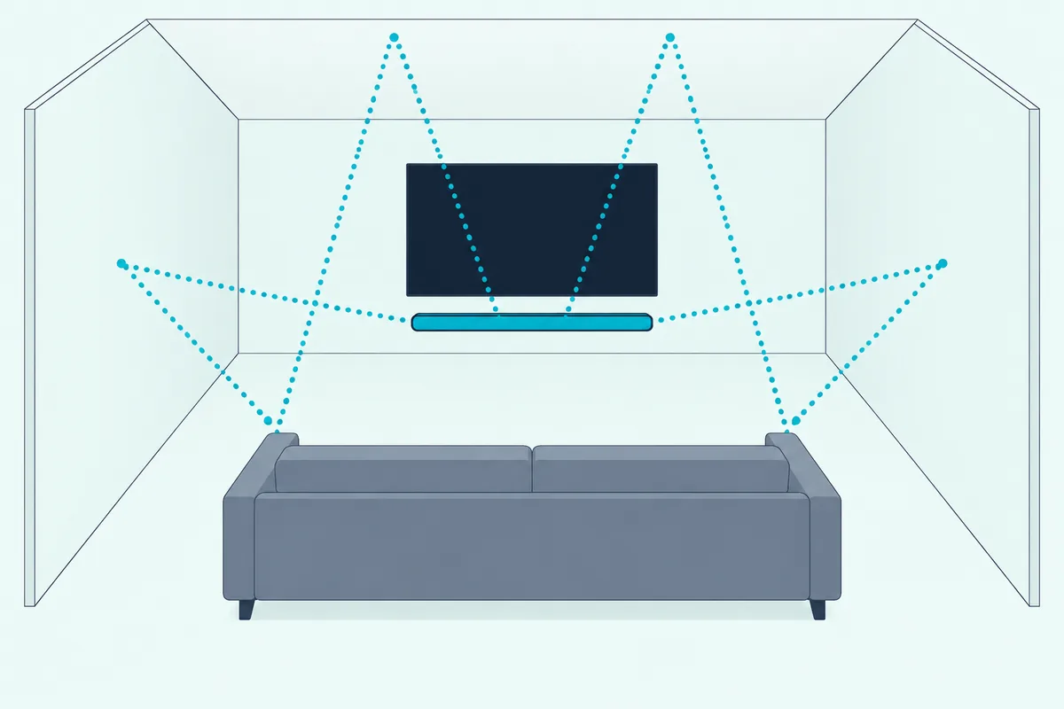 Soundbar under a wall-mounted TV with dotted sound paths bouncing off the side walls and ceiling toward a sofa