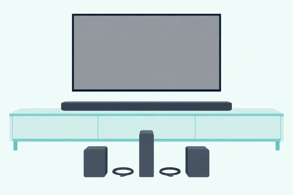 Soundbar on a console under a blank TV, with two small rear speakers and a slim receiver box on the floor in front