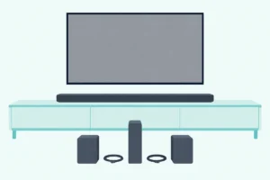 Soundbar on a console under a blank TV, with two small rear speakers and a slim receiver box on the floor in front