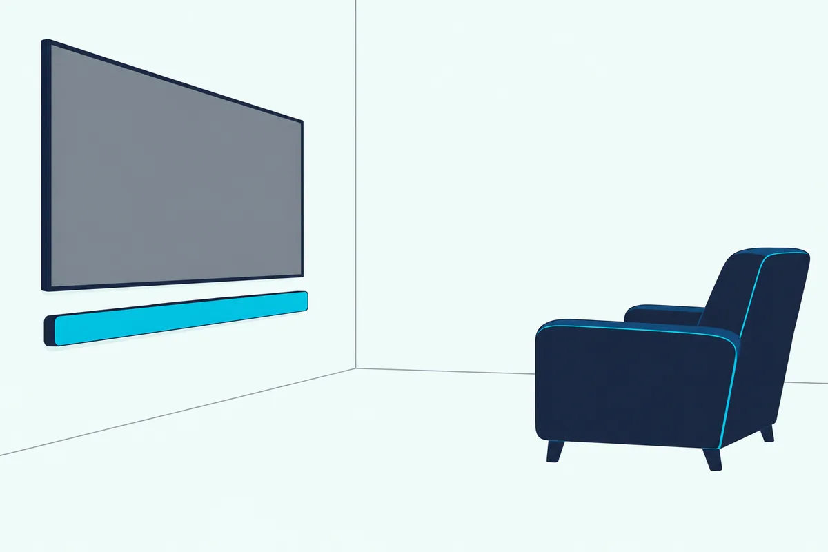 Soundbar under a wall-mounted TV with a blank screen, facing an armchair in a living room